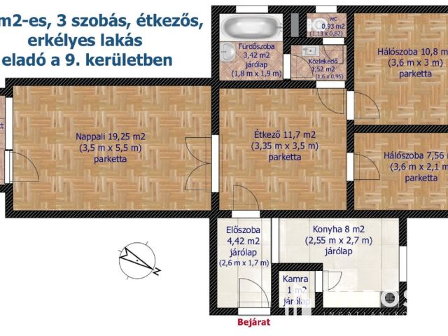 67 m2-es, 3 szobás, étkezős, erkélyes, jó állapotú lakás